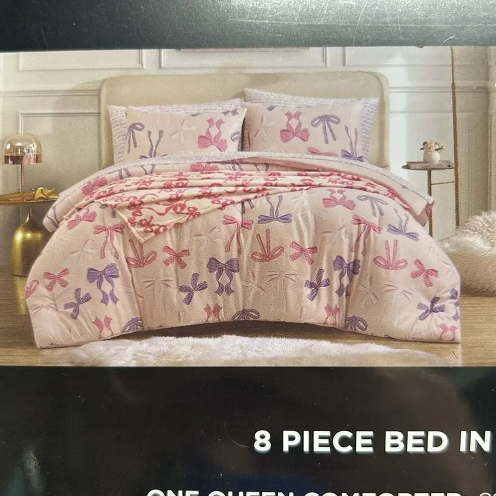 Betsey Johnson Comforter 8 Piece Set Sheets Throw Queen Pink Bows & Ribbons NEW